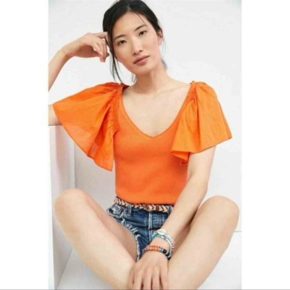 Anthropologie Maeve Flutter-Sleeved orange ribbed Top Small